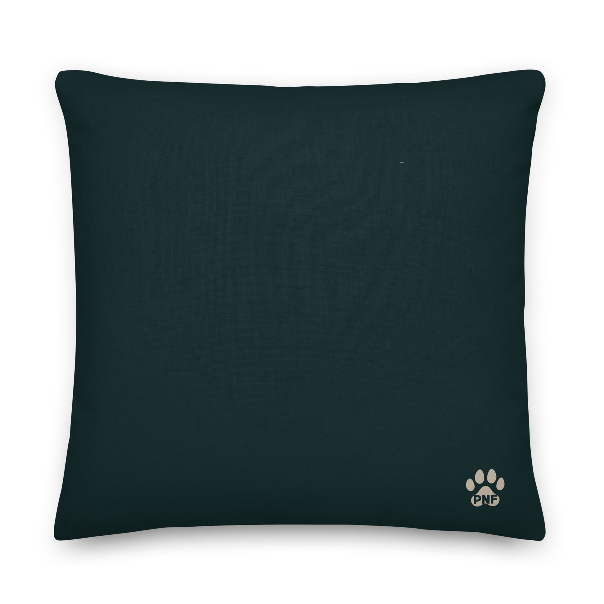 Forest green pillow with a paw print logo on a beige background