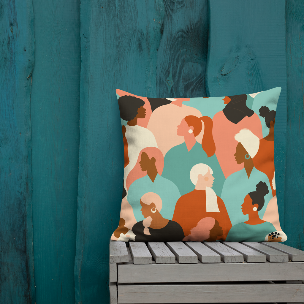 Multicolor accent pillow with modern abstract design of diverse women in warm tones of terracotta, teal, and cream, inclusive faith-inspired home décor by Pets N’ Faith