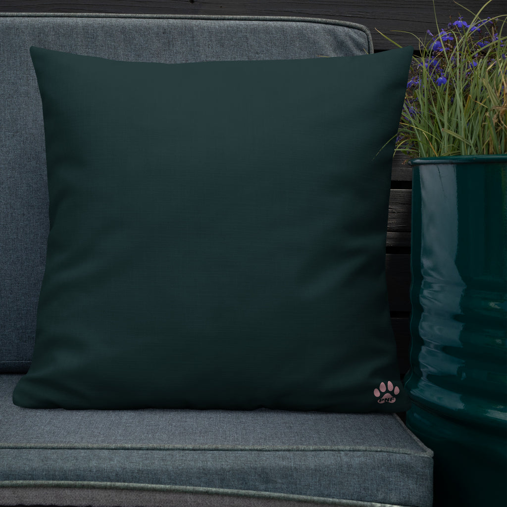 Back view of God's Little Helpers All Over Print Accent Pillow in forest green with pink accents