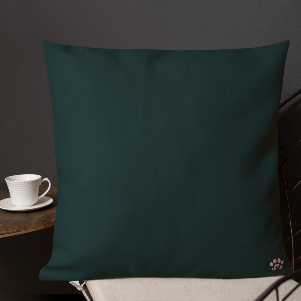 Back view of God's Little Helpers All Over Print Accent Pillow in forest green with pink accents