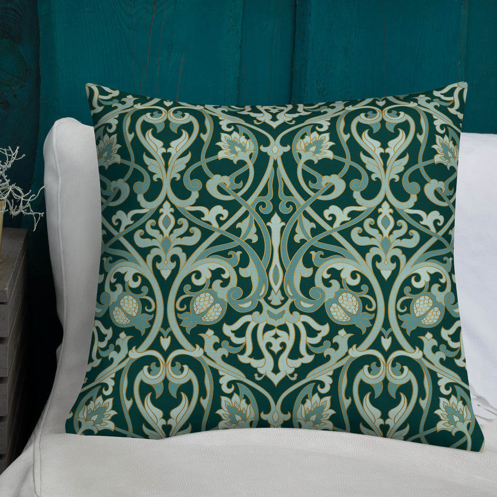 Dark green premium pillow with gold damask pattern and metallic gold paw print in center, elegant Christian pet home decor by Pets N’ Faith