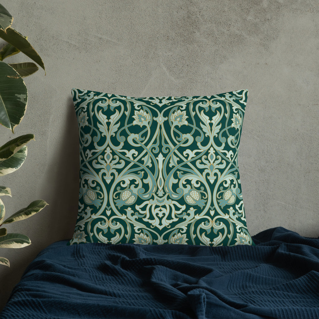 Dark green premium pillow with gold damask pattern and metallic gold paw print in center, elegant Christian pet home decor by Pets N’ Faith