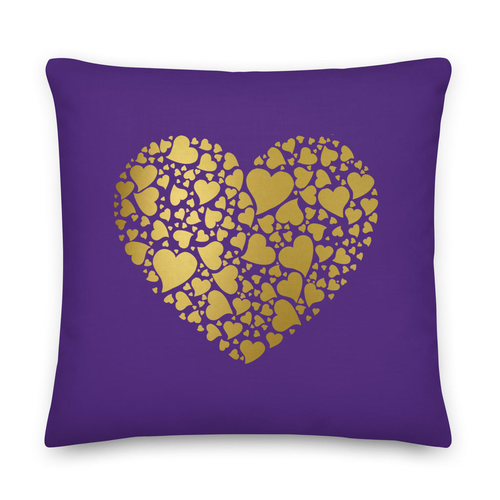 Deep Indigo throw pillow with a gold heart and a gold heart on the back.