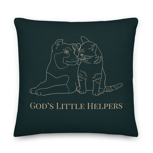 Forest green pillow with line drawing of a dog and cat and 'God's Little Helpers' text.