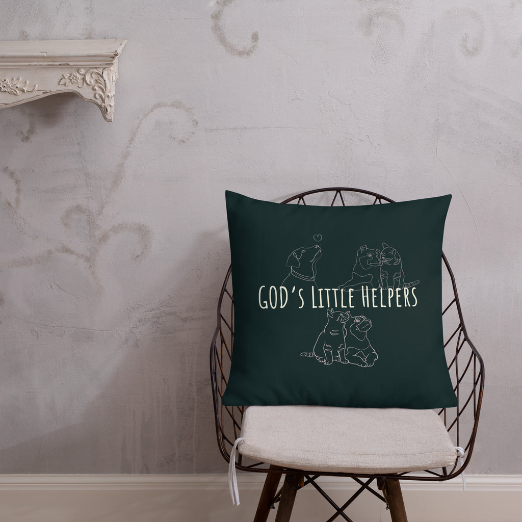Front view of God's Little Helpers All Over Print Accent Pillow in forest green with pink accents.
