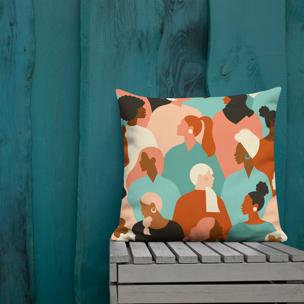 Multicolor accent pillow with modern abstract design of diverse women in warm tones of terracotta, teal, and cream, inclusive faith-inspired home décor by Pets N’ Faith