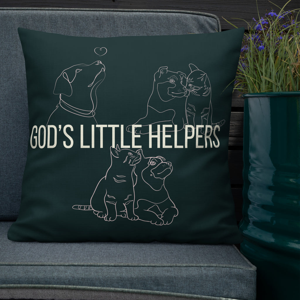 Front view of God's Little Helpers All Over Print Accent Pillow in forest green with pink accents