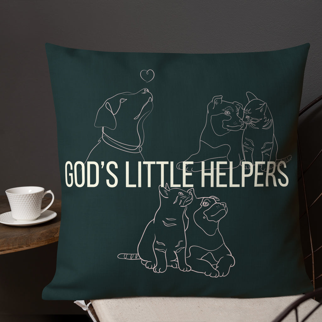 Front view of God's Little Helpers All Over Print Accent Pillow in forest green with pink accents