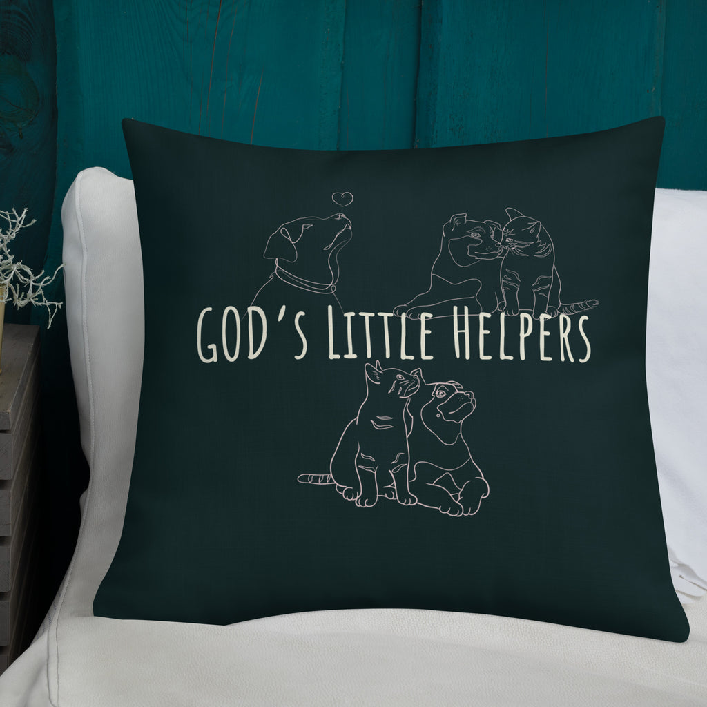 Front view of God's Little Helpers All Over Print Accent Pillow in forest green with pink accents