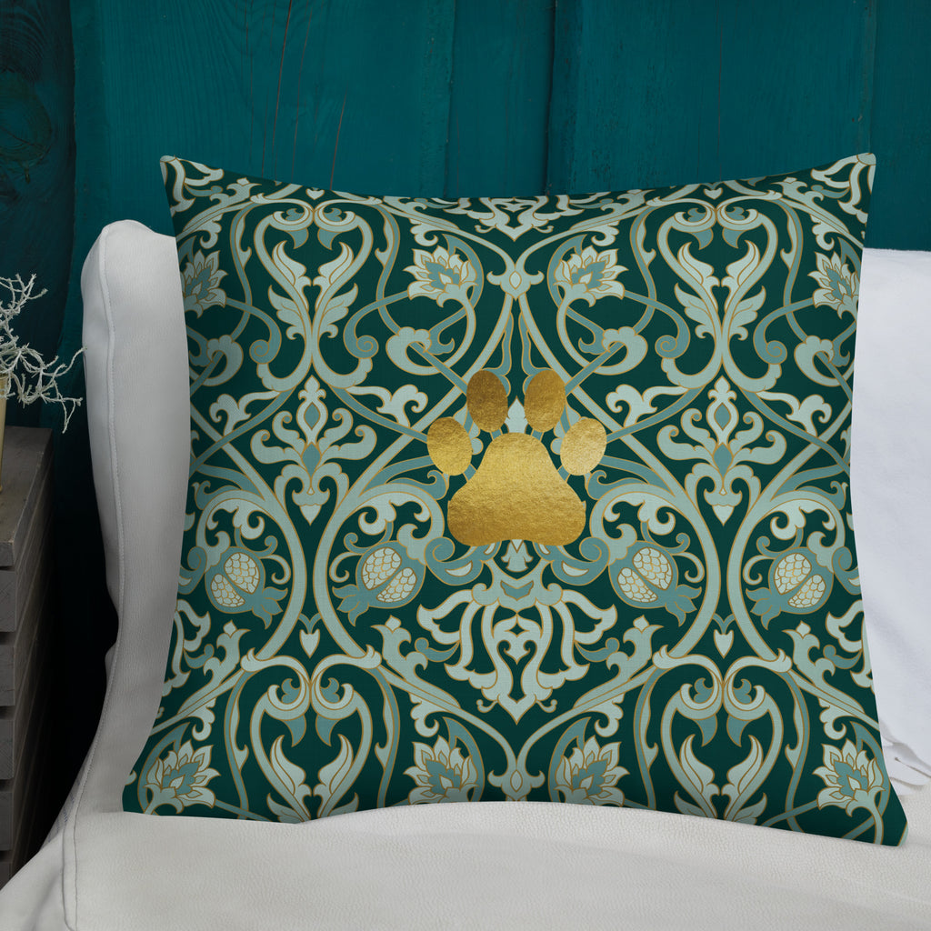 Dark green premium pillow with gold damask pattern and metallic gold paw print in center, elegant Christian pet home decor by Pets N’ Faith