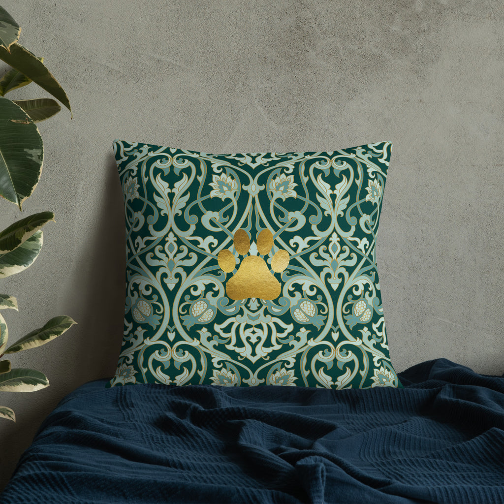 Dark green premium pillow with gold damask pattern and metallic gold paw print in center, elegant Christian pet home decor by Pets N’ Faith