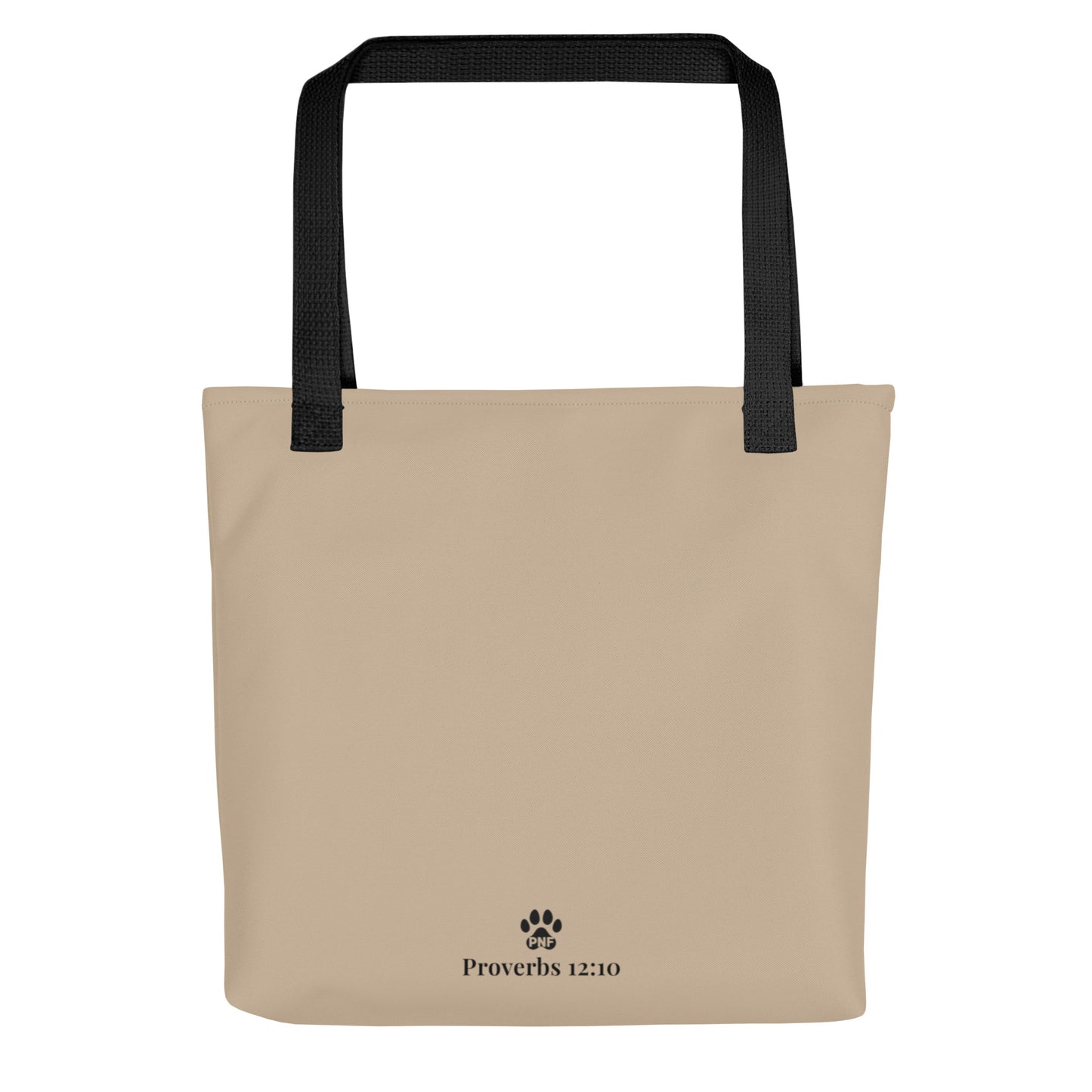 Beige tote bag with black handles and 'Proverbs 12:10' text on a white background