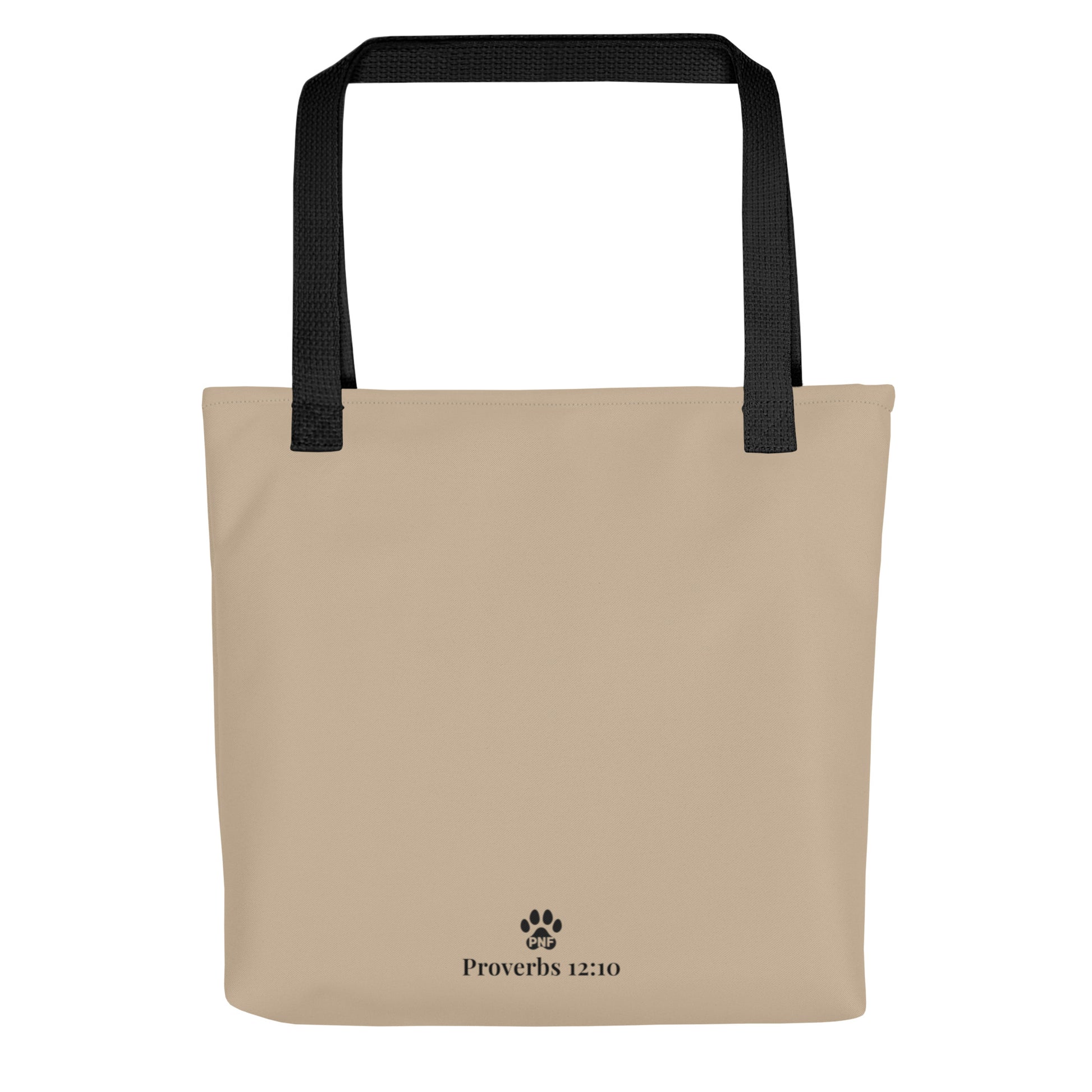 Beige tote bag with black handles and 'Proverbs 12:10' text on a white background