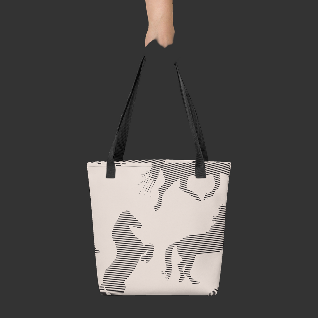 Taupe colored tote bag with a horse pattern on top.