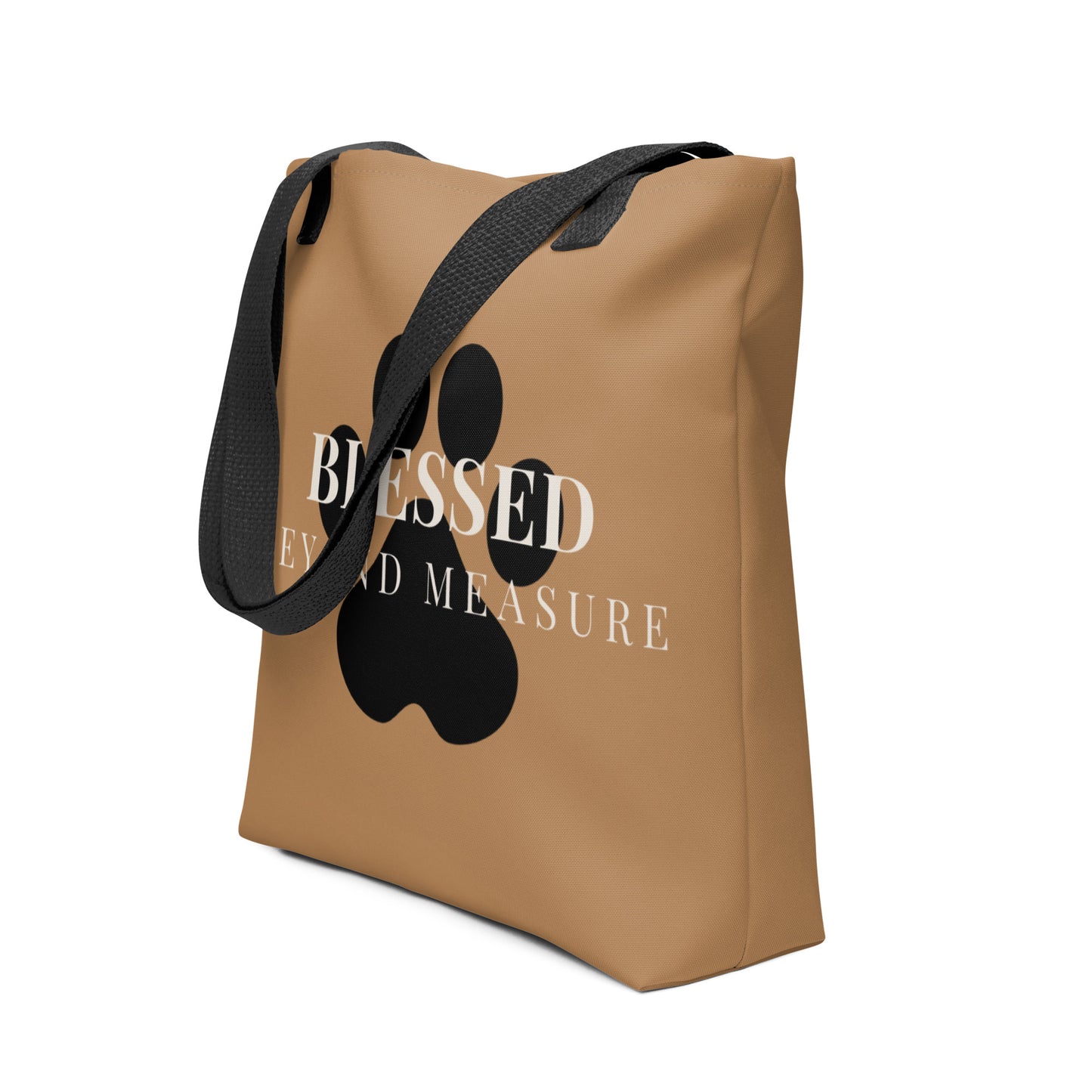 Brown tote bag with black text and graphics on a white background