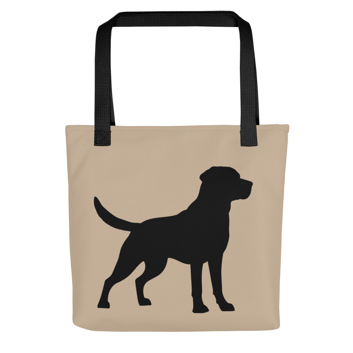 Beige tote bag with black dog silhouette and black handles on a white background