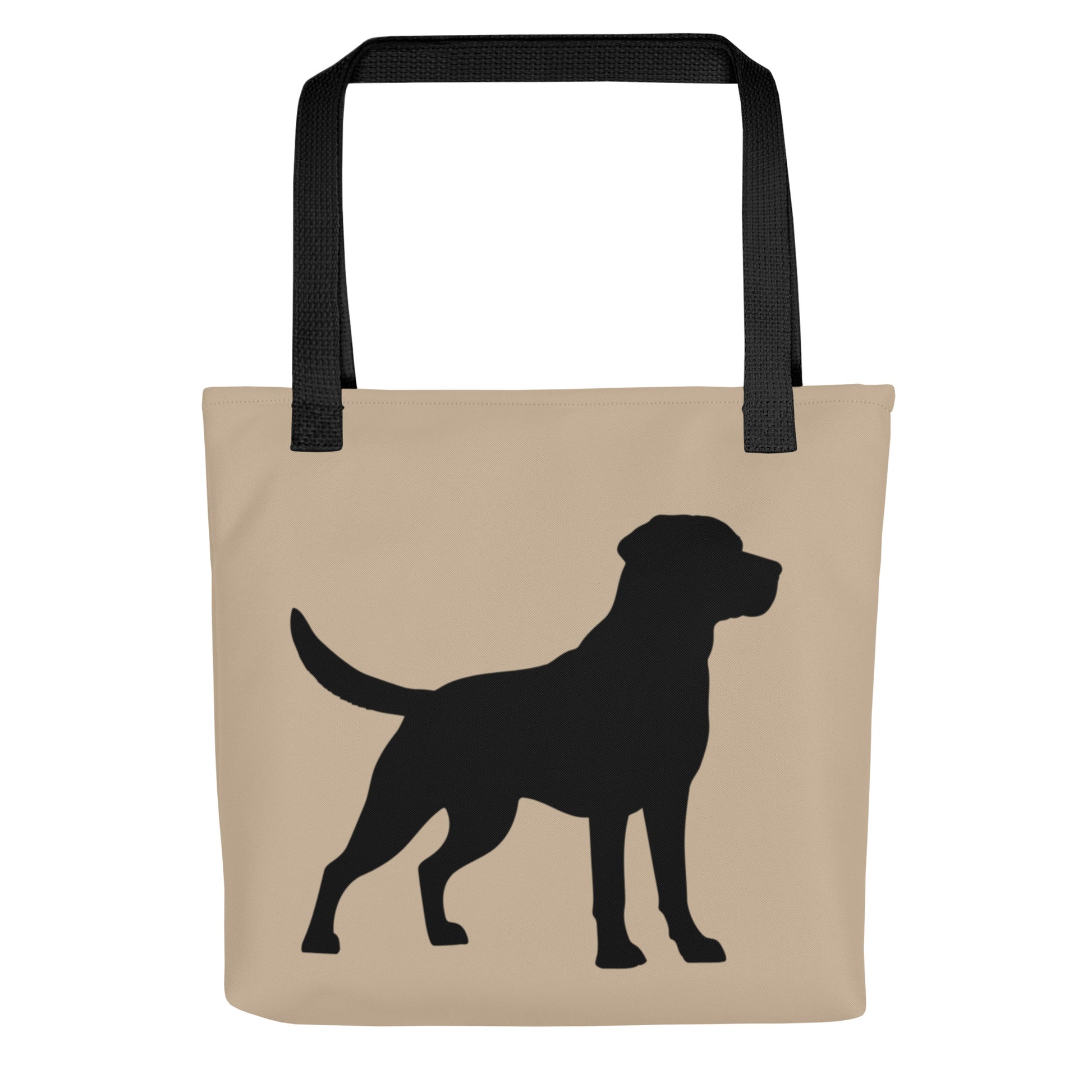 Beige tote bag with black dog silhouette and black handles on a white background