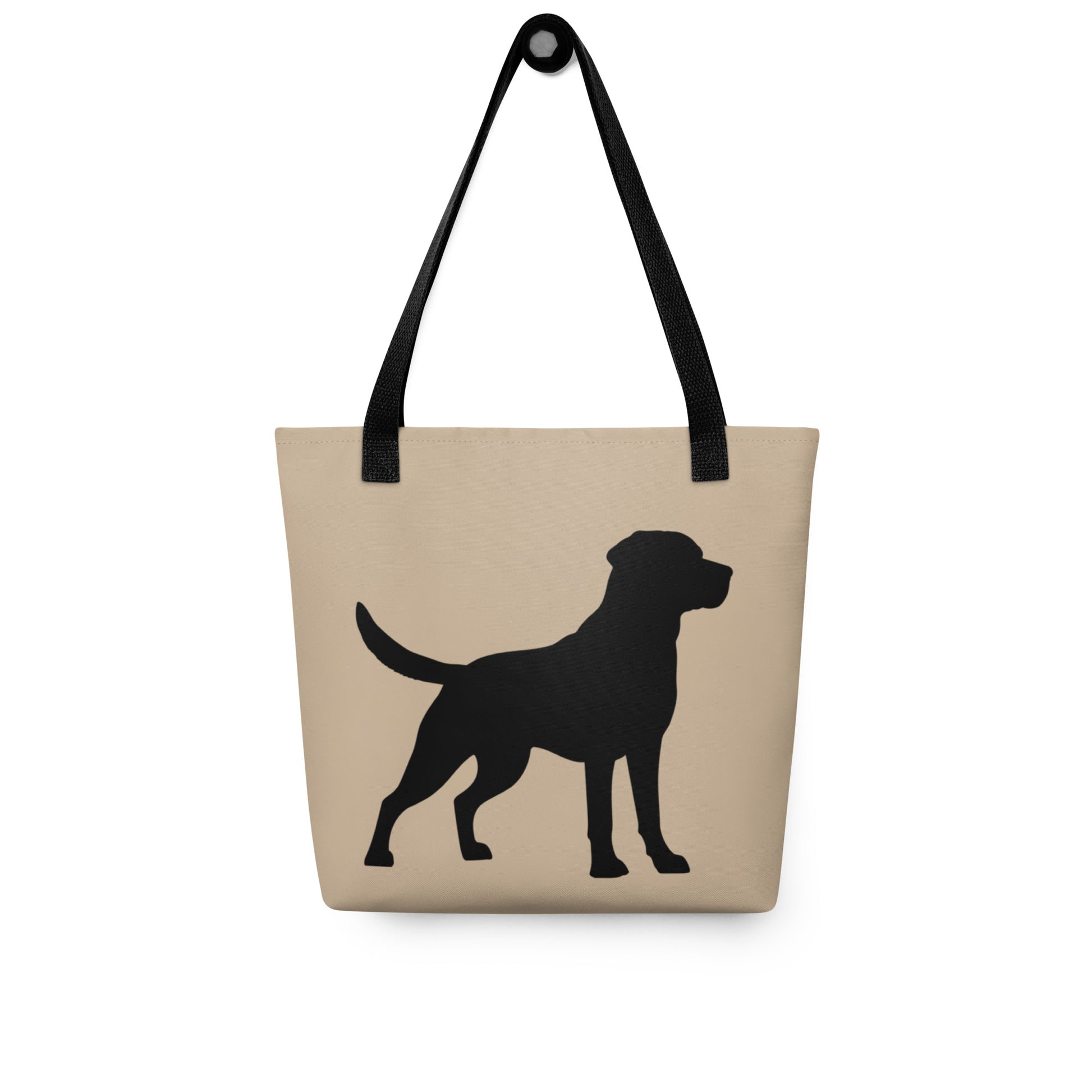 Beige tote bag with black dog silhouette and black handle on a white background