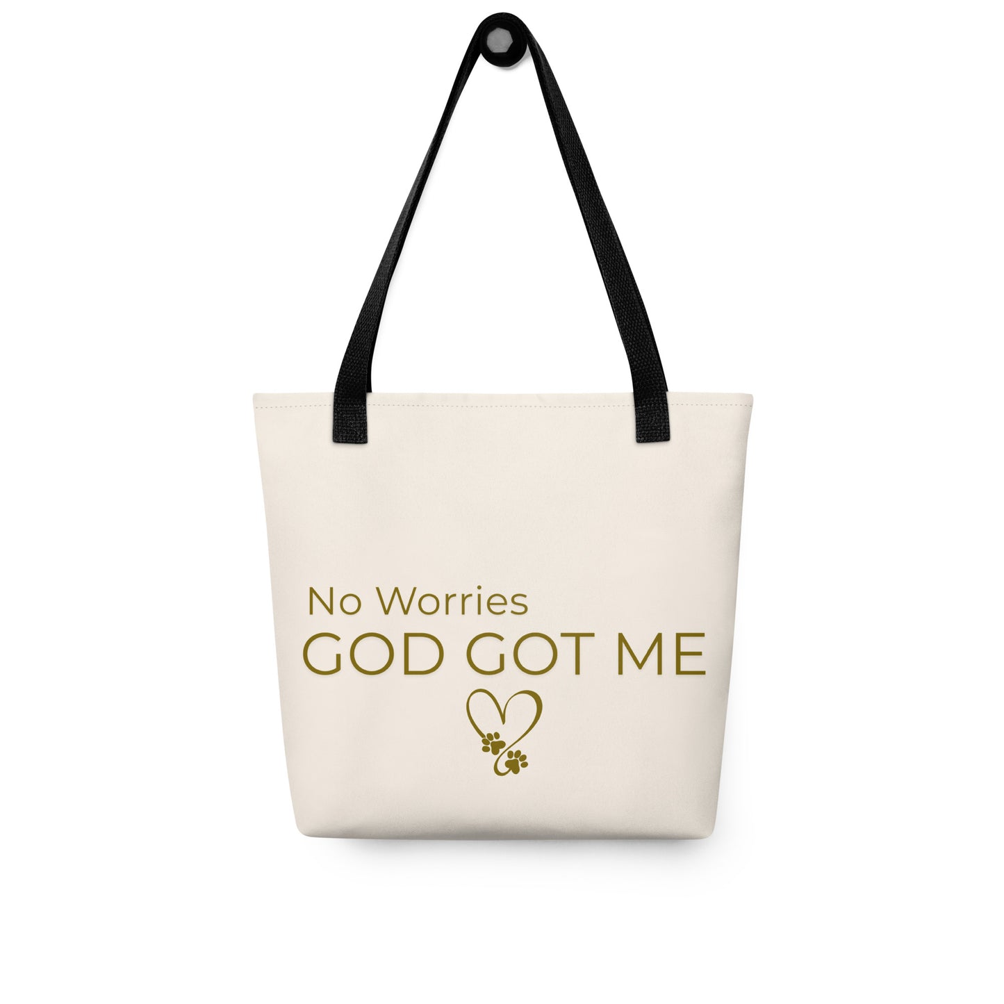 Beige tote bag with 'No Worries God Got Me' text and black handle on a white background