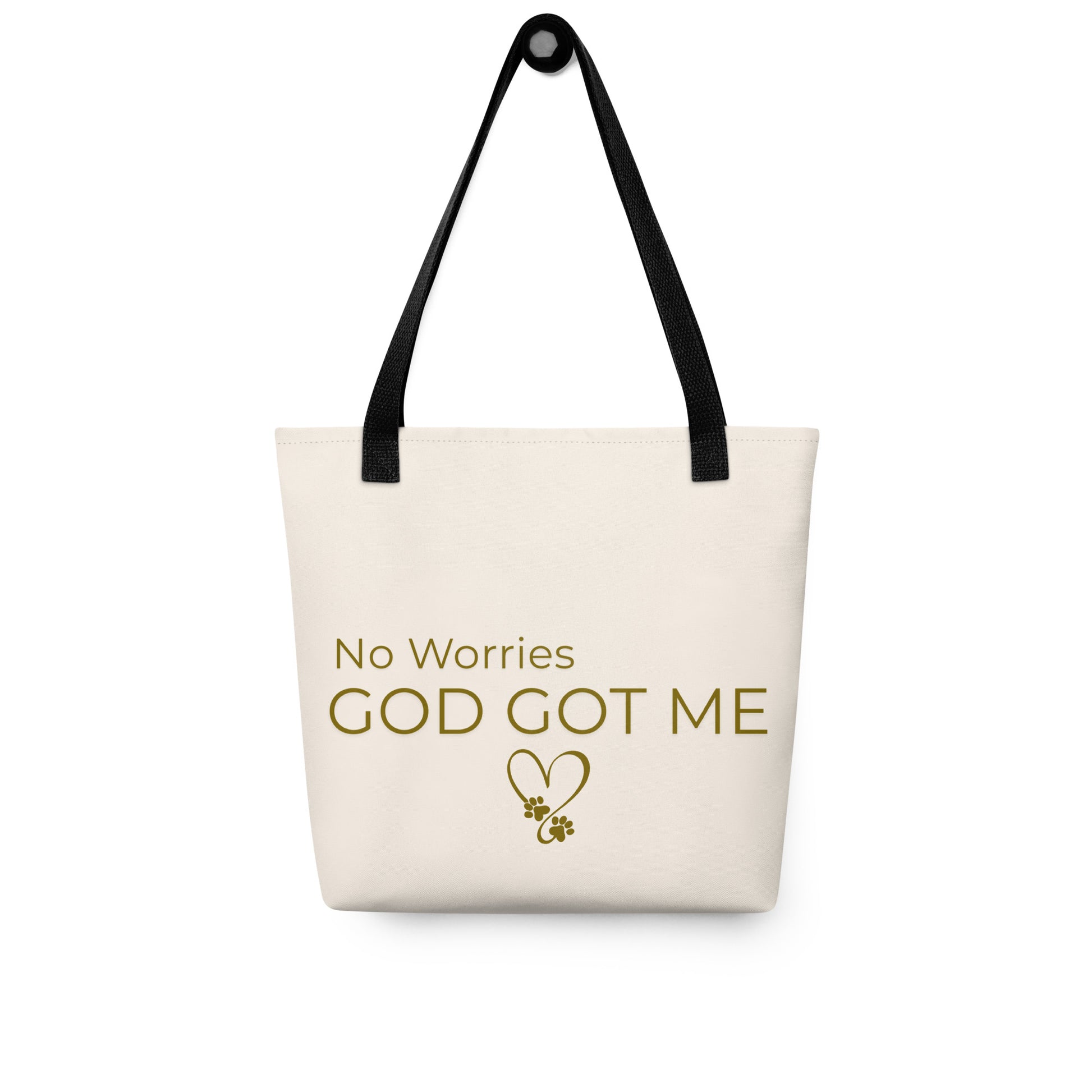 Beige tote bag with 'No Worries God Got Me' text and black handle on a white background