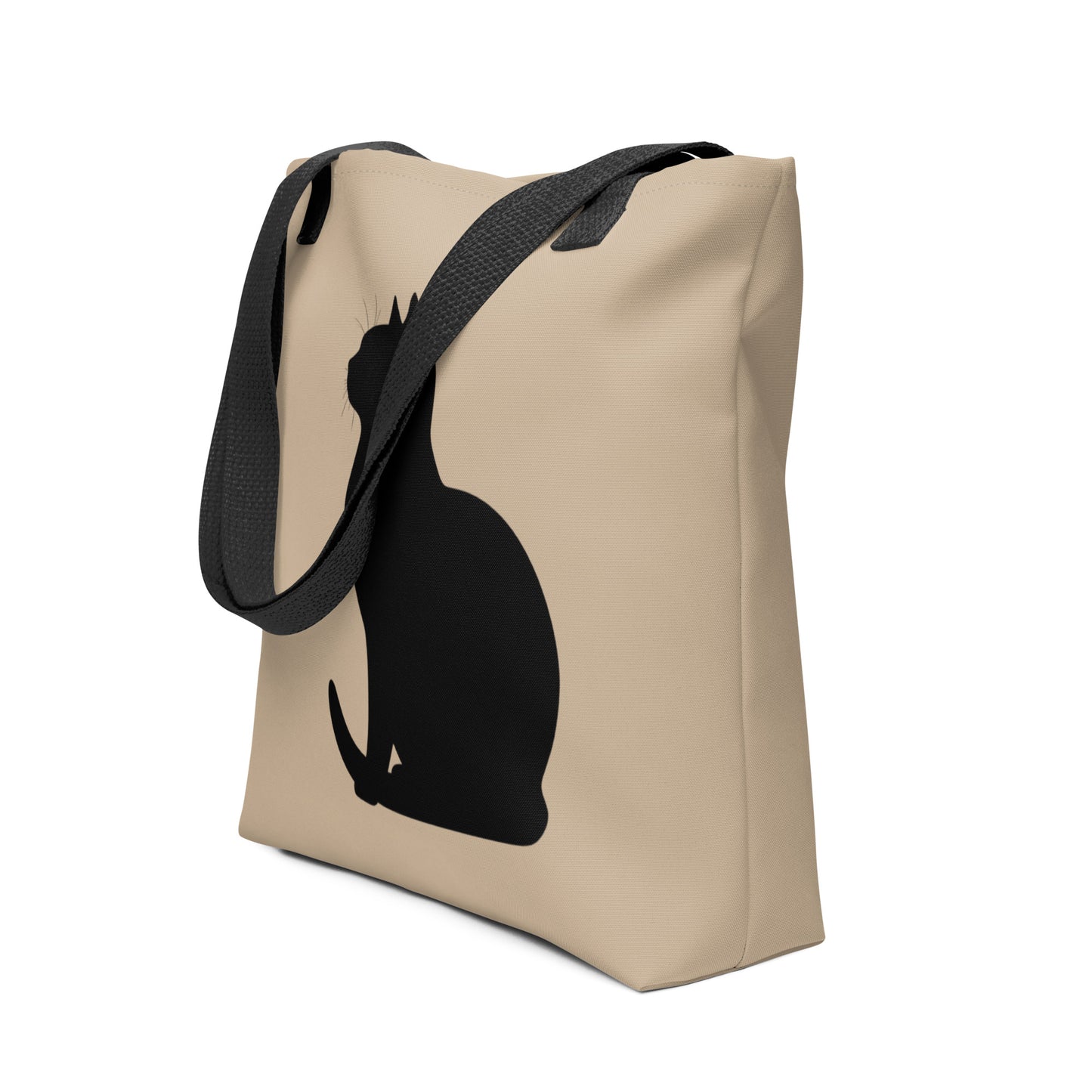 Beige tote bag with black cat silhouette on a white background