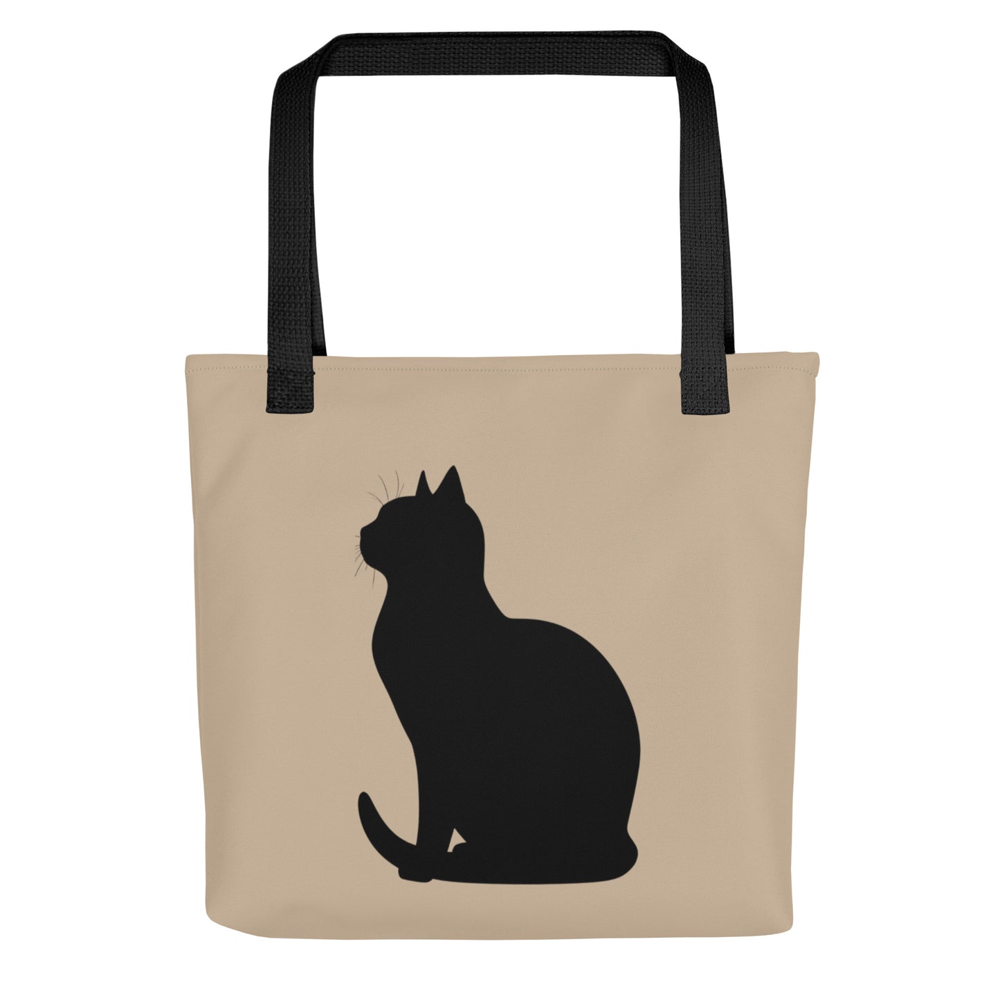 Beige tote bag with black cat silhouette and black handles on a white background