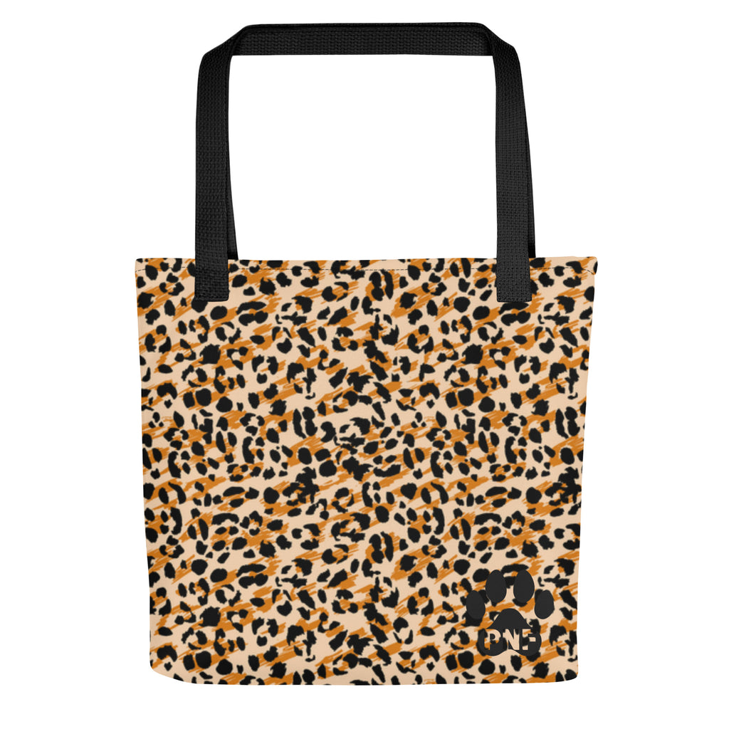 Leopard print tote bag with black straps and subtle paw logo from Pets N’ Faith, perfect for stylish and faith-filled everyday use.