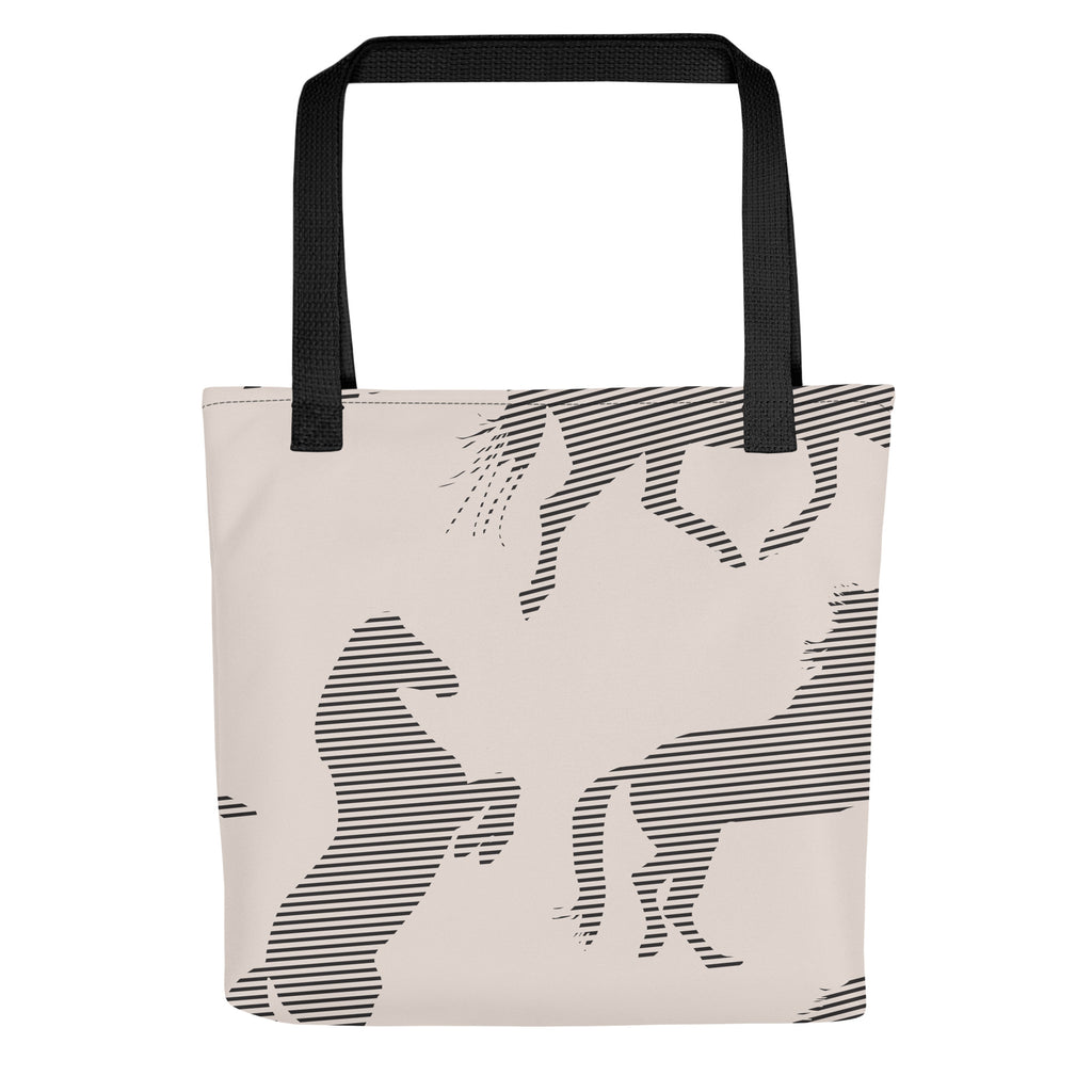 Taupe colored tote bag with a horse pattern on top.
