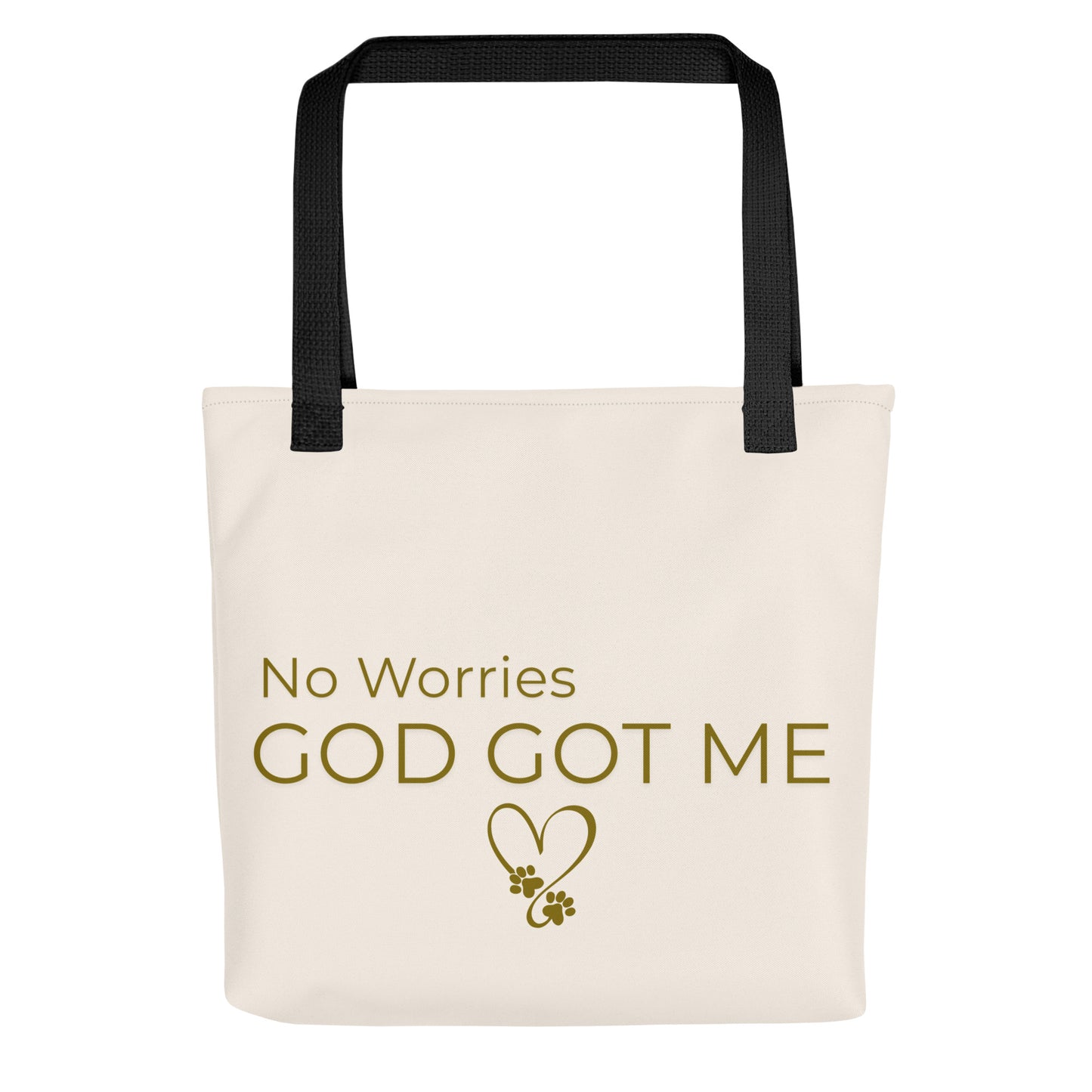 Beige tote bag with 'No Worries God Got Me' text and black handles on a white background