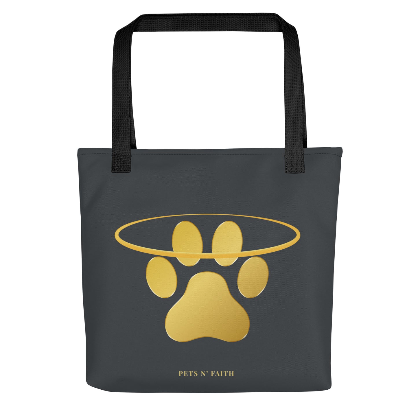 Dark grey tote bag with gold paw print design and 'PETS N' FAITH' text on a white background