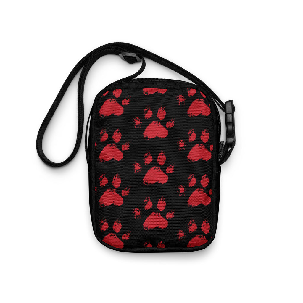 Black crossbody bag with red paw prints and front pocket, Christian pet-lover design by Pets N’ Faith