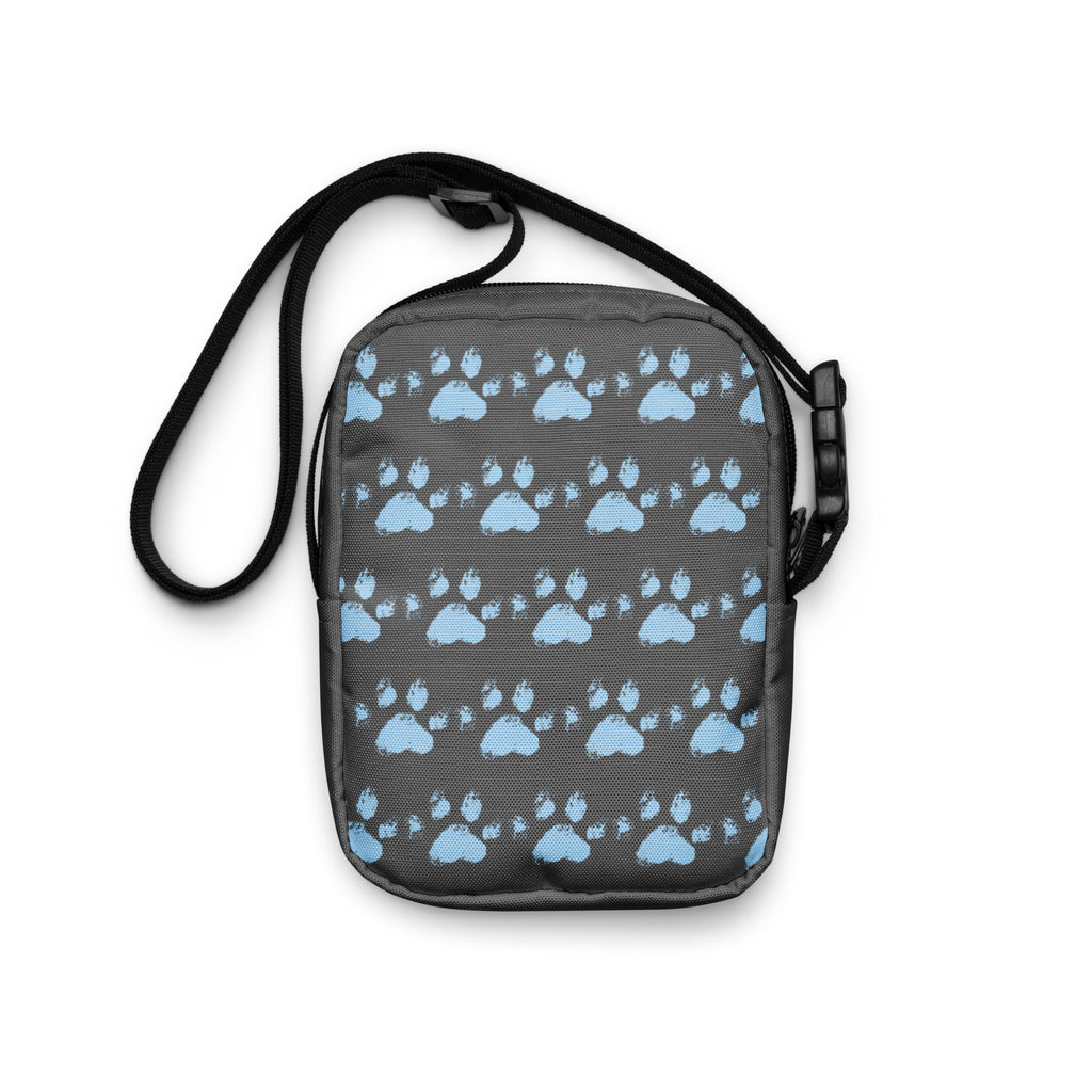 Gray crossbody bag with repeating blue paw print pattern, faith-inspired pet accessory