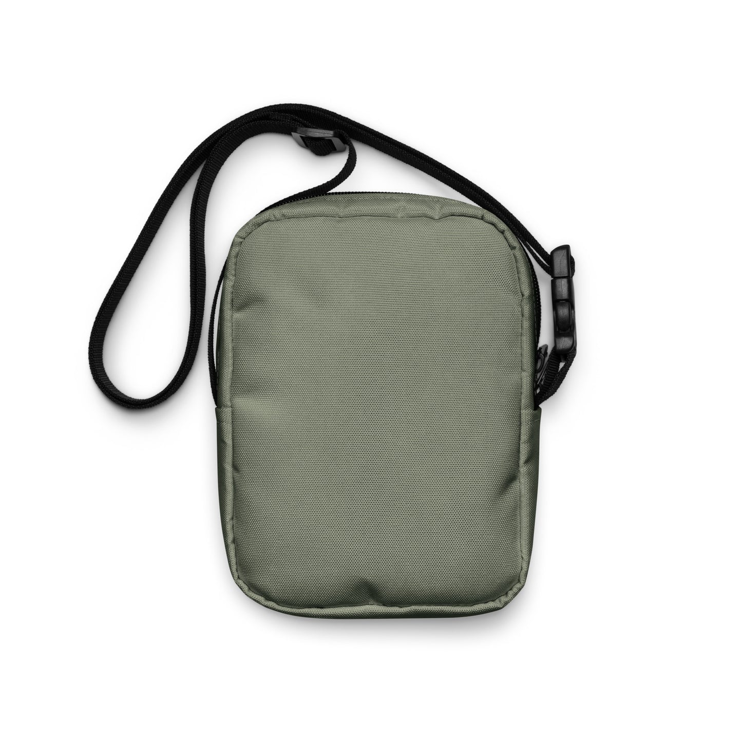 Military green crossbody bag with a black strap on a white background