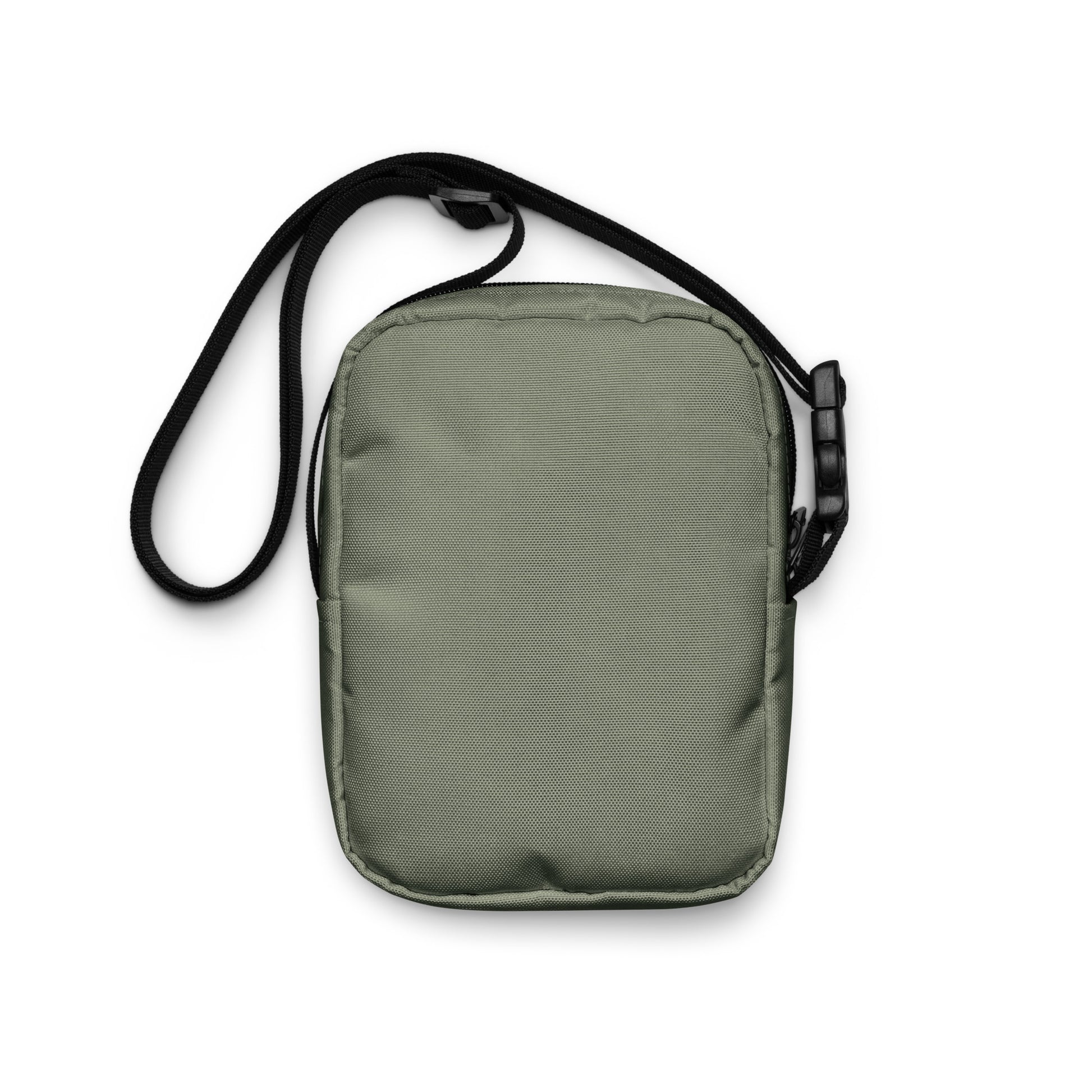 Military green crossbody bag with a black strap on a white background