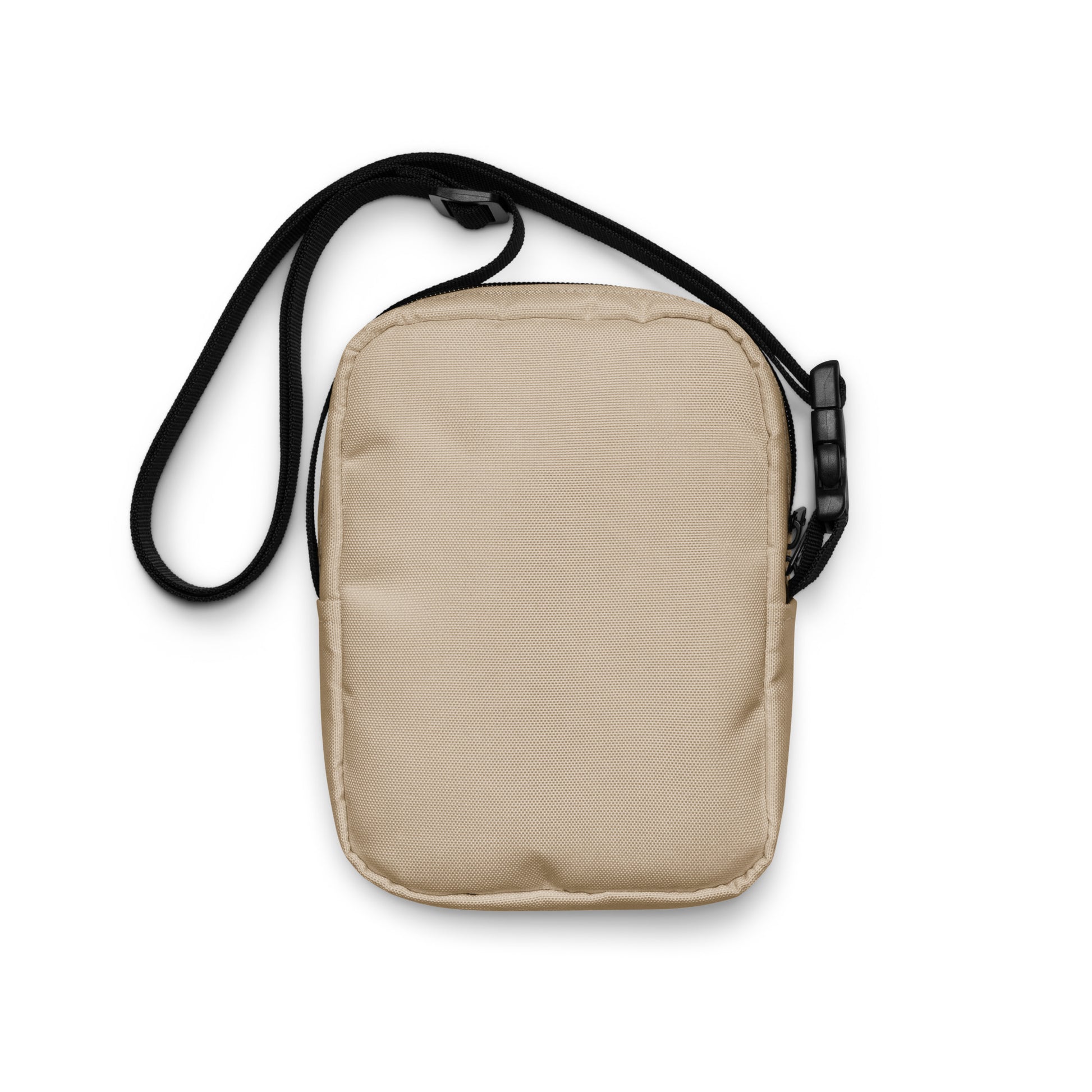 Beige crossbody bag with a brown strap on a white background
