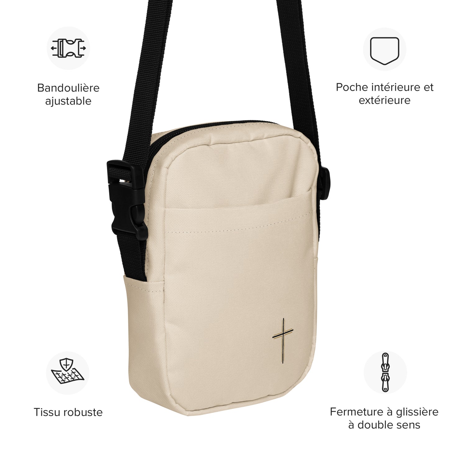 Beige crossbody bag with adjustable strap and features listed on a white background