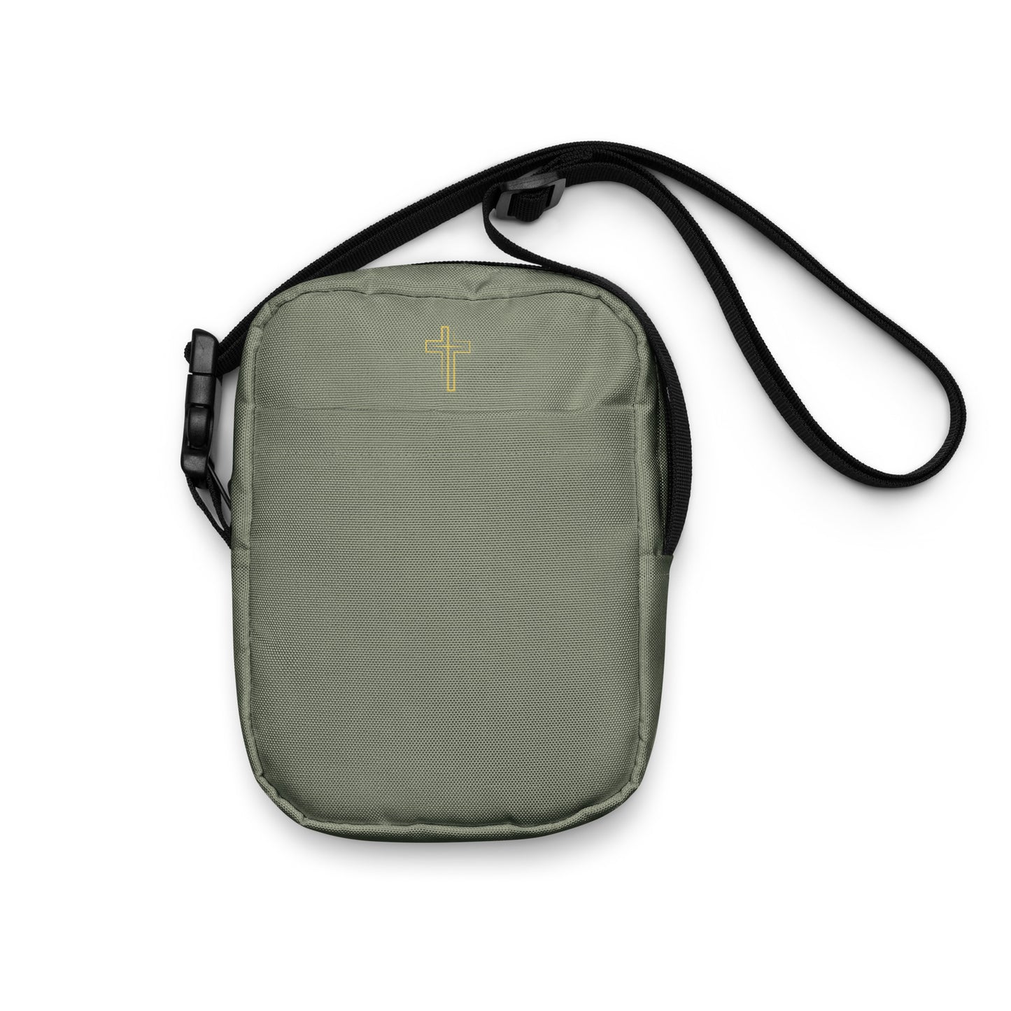 Military green crossbody bag with a gold cross on a white background