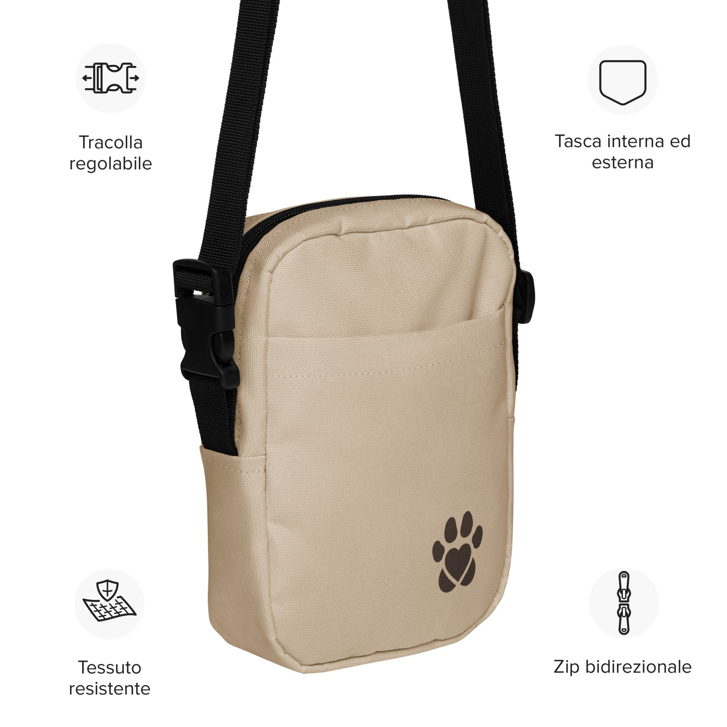 Beige crossbody bag with brown strap and paw print logo on a white background
