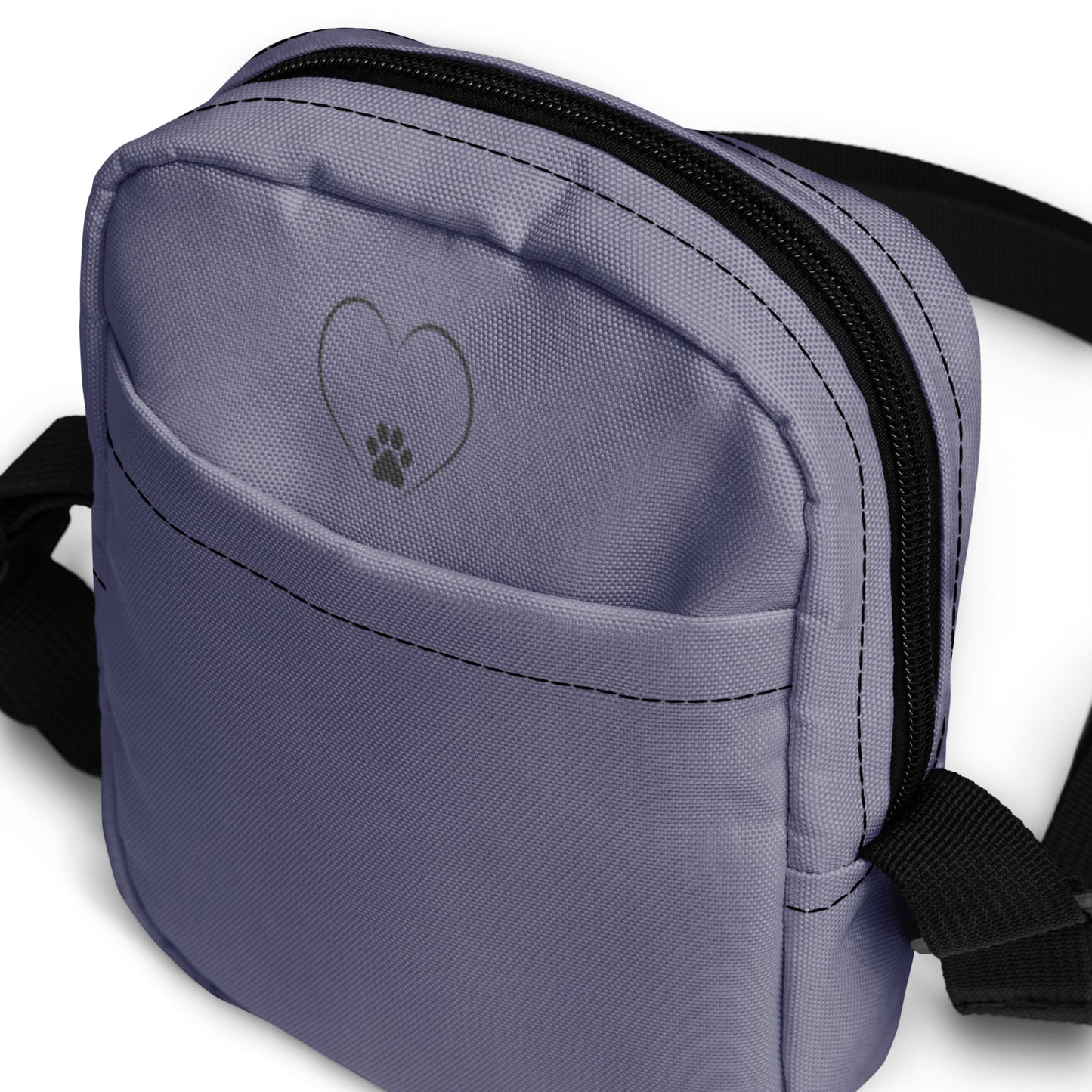 Gray bag with a heart and paw print design on a white background
