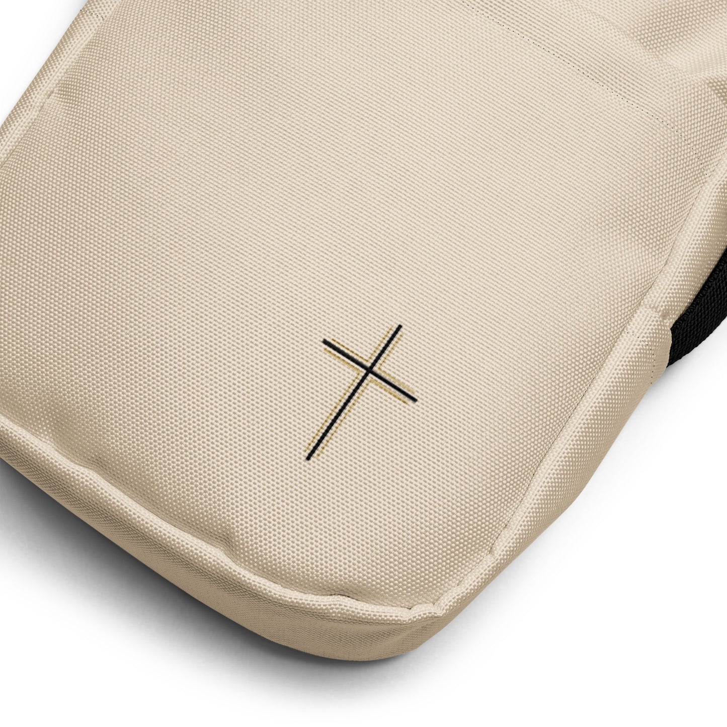 Beige pouch with a black cross symbol on a white background