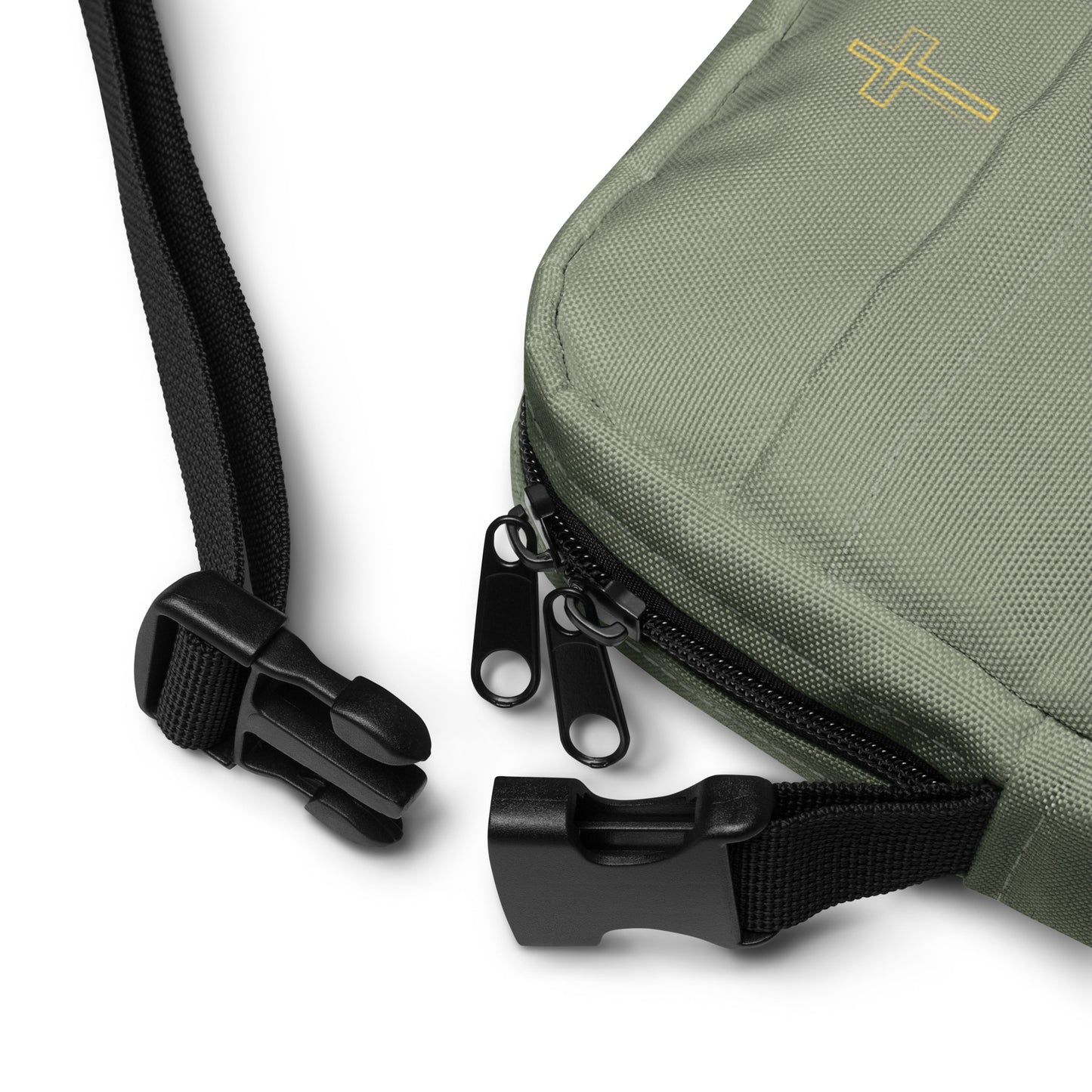 Military green bag with black strap and zipper on a white background