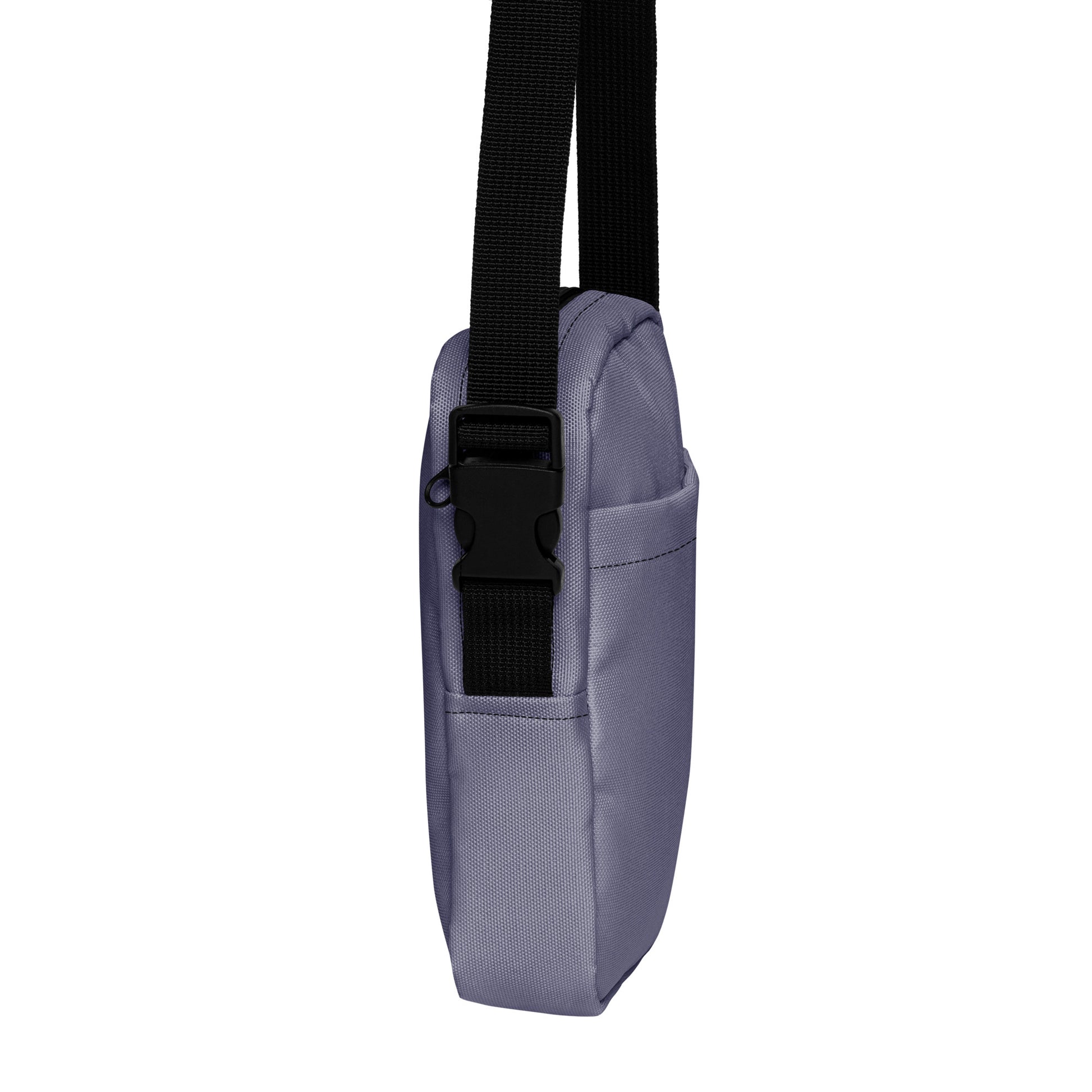Gray shoulder bag with a black strap on a white background