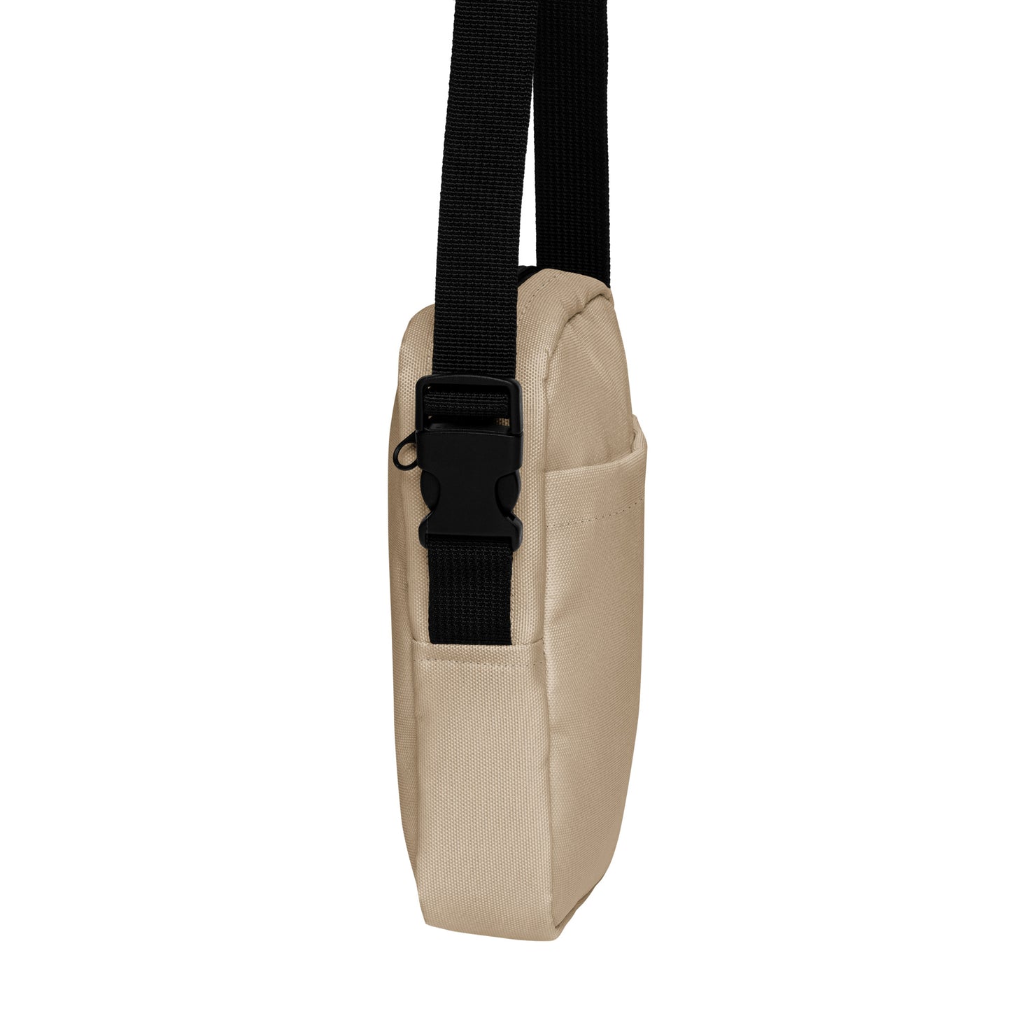 Beige crossbody bag with a brown strap on a white background