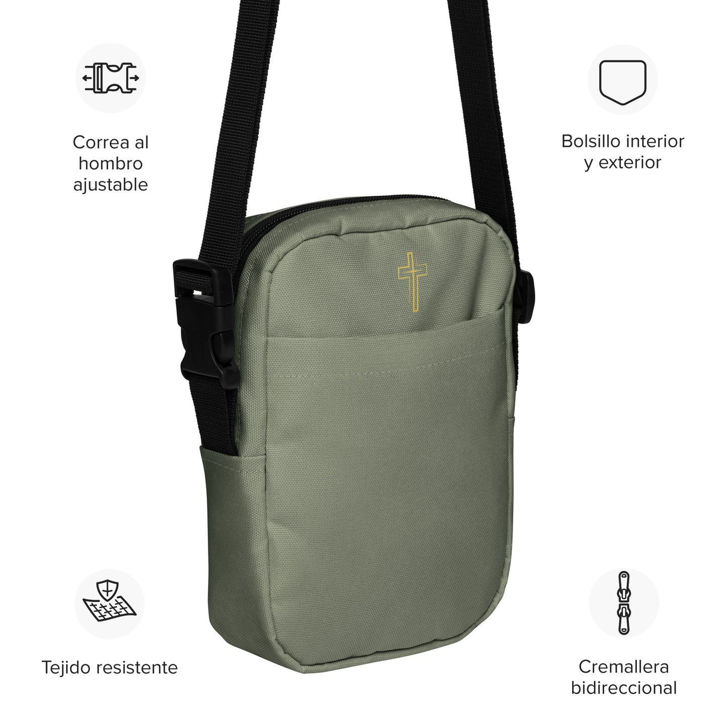 Military green crossbody bag with adjustable shoulder strap on a white background
