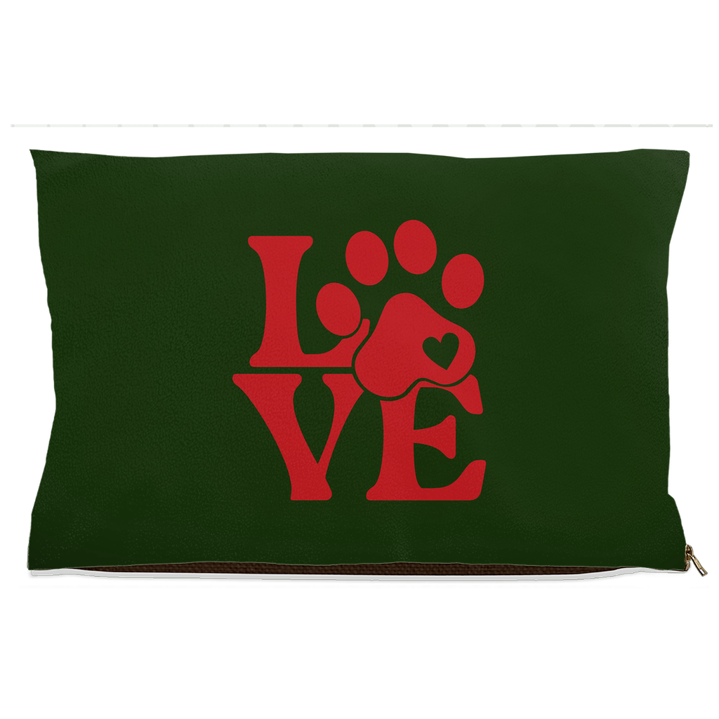 Green fleece pet bed with red LOVE text and pawprint heart design – Christian pet bed for dogs and cats.