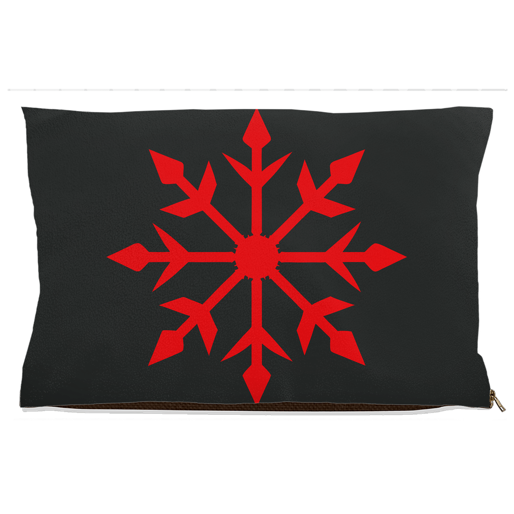 DogBed-Fleece-18x28-2025081918431356-Charcoal gray pet bed with large red snowflake design in the center