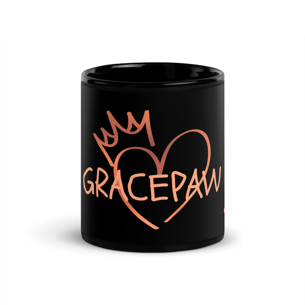 Black glossy ceramic mug with the word “Gracepaw” in rose-gold lettering and a heart-and-crown design — symbolizing faith, love, and the bond between pets and their owners.