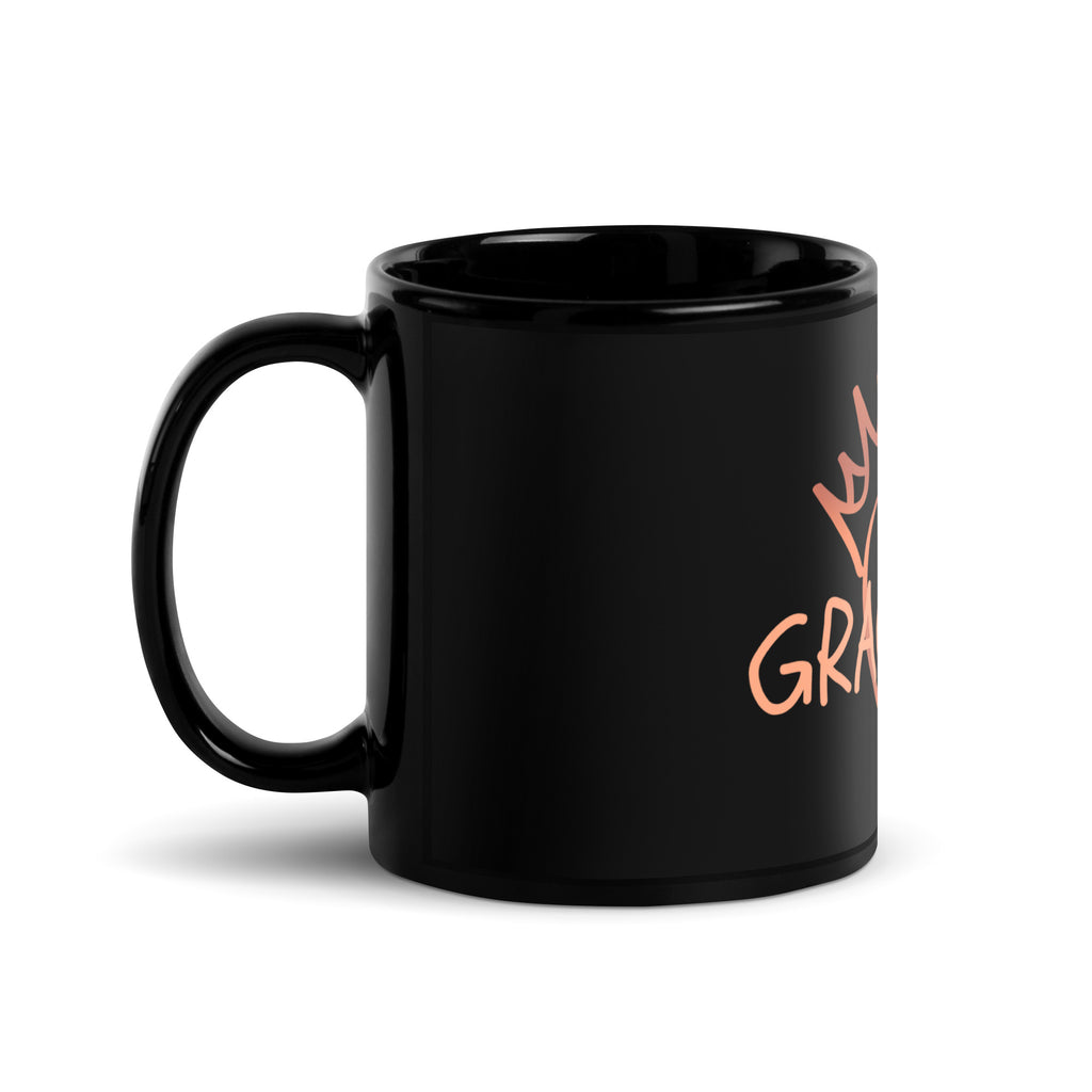 Black glossy ceramic mug with the word “Gracepaw” in rose-gold lettering and a heart-and-crown design — symbolizing faith, love, and the bond between pets and their owners.