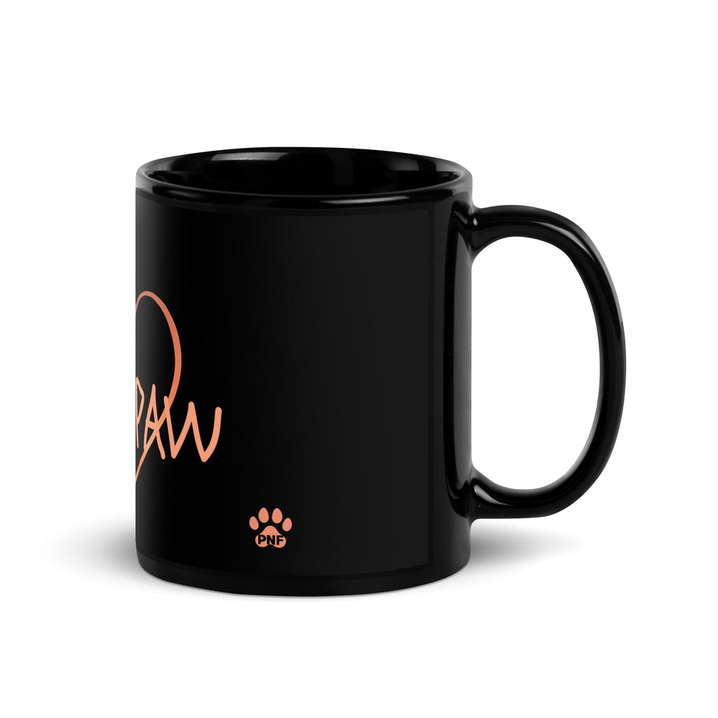 Black glossy ceramic mug with the word “Gracepaw” in rose-gold lettering and a heart-and-crown design — symbolizing faith, love, and the bond between pets and their owners.