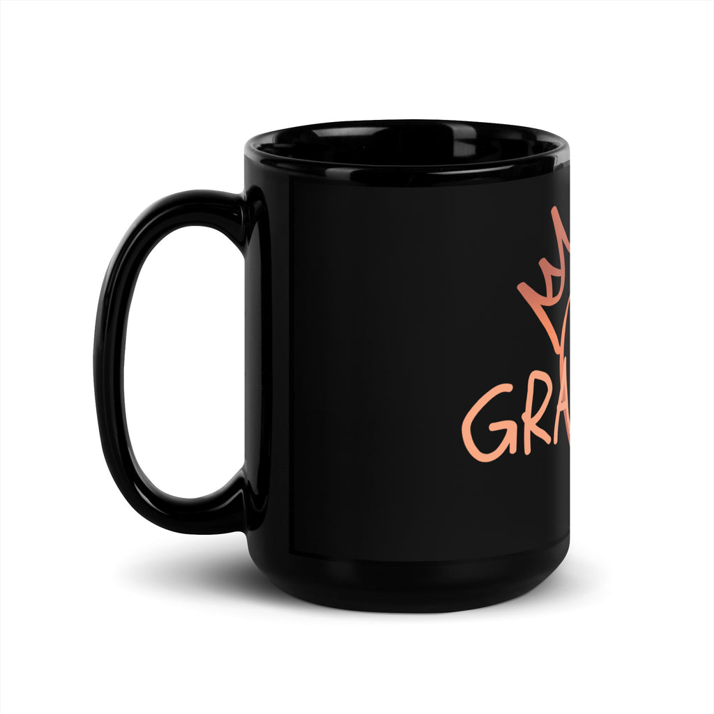 Black glossy ceramic mug with the word “Gracepaw” in rose-gold lettering and a heart-and-crown design — symbolizing faith, love, and the bond between pets and their owners.